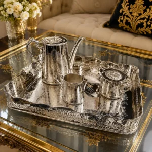 Luxury Handcrafted Brass Tea & Coffee Serving Set with Engraved Serving Tray – Premium Decorative Tea Pot Set