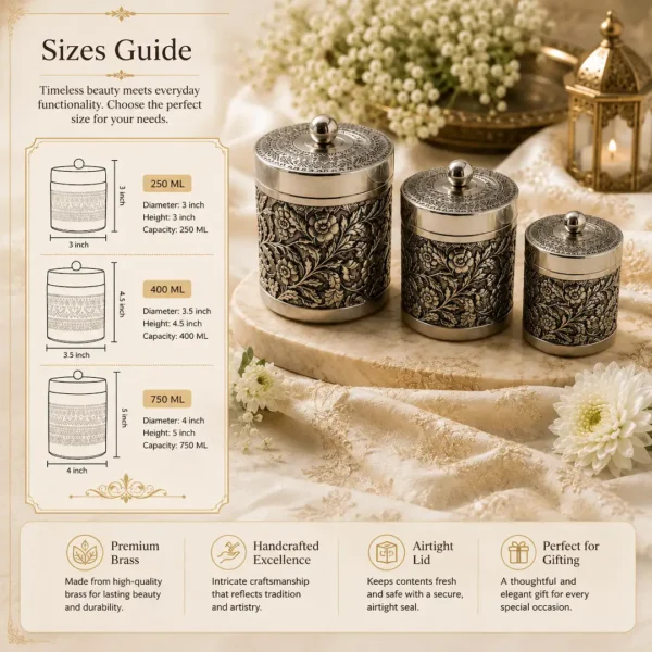 Premium Handcrafted Embossed Brass Storage Jar Set 2 Premium Handcrafted Embossed Brass Storage Jar Set of 3 with Floral Engraving Design