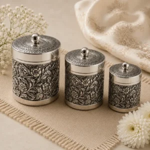 Premium Handcrafted Embossed Brass Storage Jar Set of 3 with Floral Engraving Design