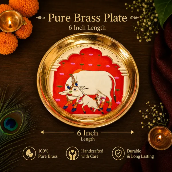 Pure Brass Decorative Pooja Plate/Thali with Cow & Calf Design – 6 Inch Diameter