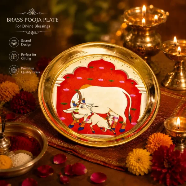 Pure Brass Decorative Pooja Plate/Thali with Cow & Calf Design – 6 Inch Diameter