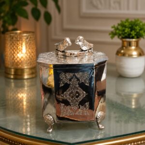 Premium Full Brass Decorative Storage Box with Bird Handle Lid, Vintage Multipurpose Jewellery & Dry Fruit Container, Handcrafted Brass Organizer Box for Home Décor & Gifting – 4.5 Inch Length x 5.5 Inch Height, 750 Gram