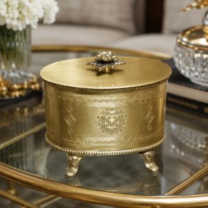 Handcrafted Full Brass Decorative Storage Jar with Lid & Stand | Vintage Multipurpose Brass Container for Home Decor, Dry Fruits, Mukhwas & Gifting | 6 x 4.5 x 6 Inch | Weight 750 Gram