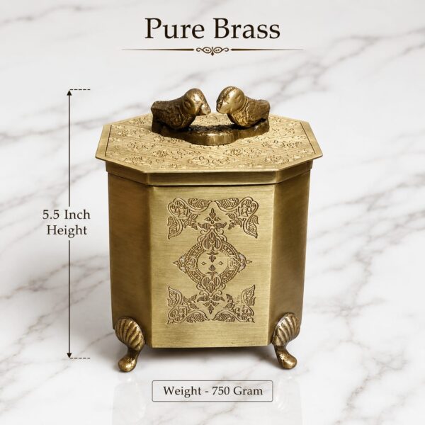 WhatsApp Image 2026-06-14 at 4.20.08 AM Pure Brass Decorative Storage Jar with Bird Design Lid, Engraved Antique Finish Container Box, 5.5 Inch Height, 750 Gram
