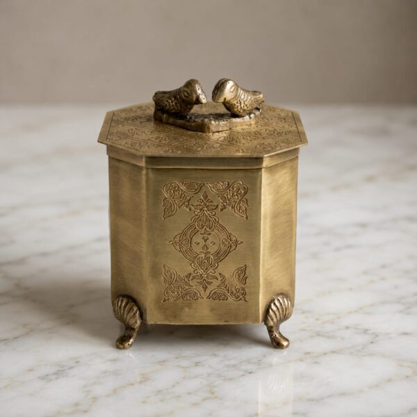 WhatsApp Image 2026-06-14 at 4.32.31 AM Pure Brass Decorative Storage Jar with Bird Design Lid, Engraved Antique Finish Container Box, 5.5 Inch Height, 750 Gram