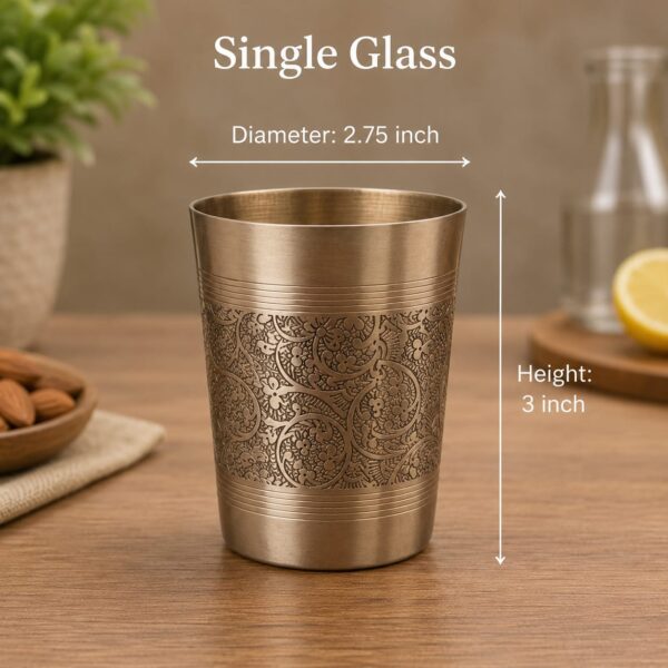 Premium Handcrafted Engraved Brass Drinking Glass Set of 2 – Traditional Floral Design Brass Tumblers | 3 Inch Height x 2.75 Inch Diameter | Elegant Gift for Home, Wedding & Festive Occasions