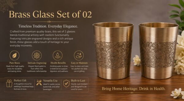 Premium Handcrafted Engraved Brass Drinking Glass Set of 2 – Traditional Floral Design Brass Tumblers | 3 Inch Height x 2.75 Inch Diameter | Elegant Gift for Home, Wedding & Festive Occasions