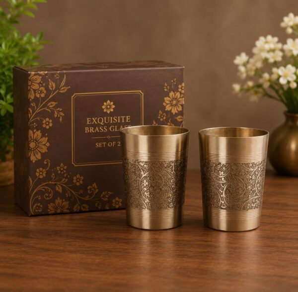 Premium Handcrafted Engraved Brass Drinking Glass Set of 2 – Traditional Floral Design Brass Tumblers | 3 Inch Height x 2.75 Inch Diameter | Elegant Gift for Home, Wedding & Festive Occasions