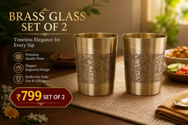 Premium Handcrafted Engraved Brass Drinking Glass Set of 2 – Traditional Floral Design Brass Tumblers | 3 Inch Height x 2.75 Inch Diameter | Elegant Gift for Home, Wedding & Festive Occasions