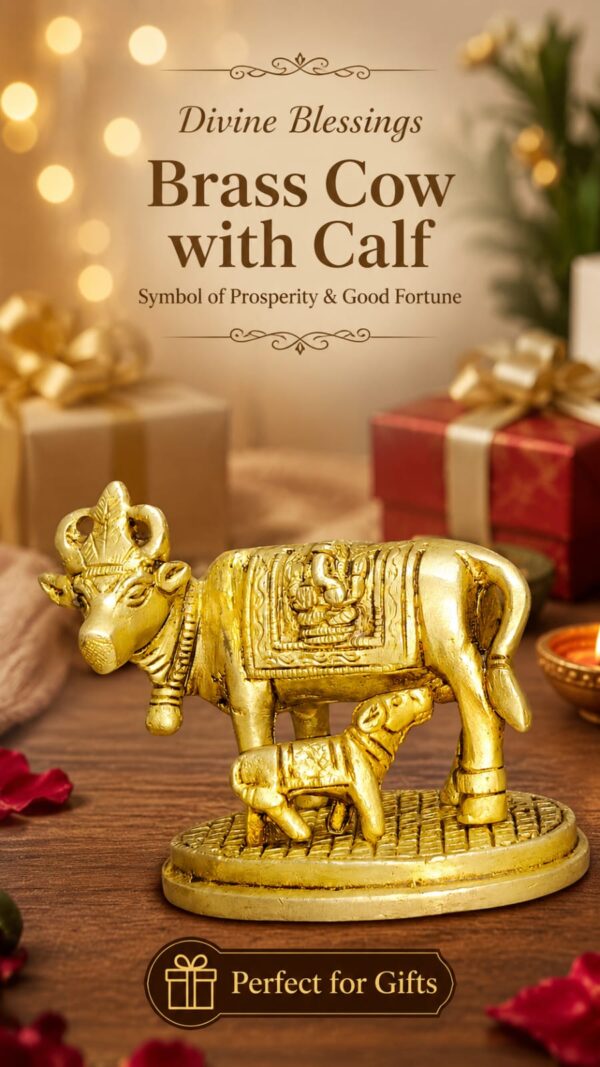 WhatsApp Image 2026-06-24 at 3.14.38 PM (1) Handcrafted Pure Brass Cow and Calf Statue Showpiece for Home Décor, Pooja Room, Office & Gift Purpose | Antique Finish Brass Gau Mata Idol | Size 4 x 2.5 x 3.5 Inches | Weight 500 Grams | Made in India