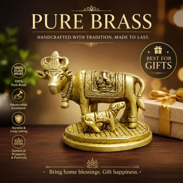 WhatsApp Image 2026-06-24 at 3.14.39 PM Handcrafted Pure Brass Cow and Calf Statue Showpiece for Home Décor, Pooja Room, Office & Gift Purpose | Antique Finish Brass Gau Mata Idol | Size 4 x 2.5 x 3.5 Inches | Weight 500 Grams | Made in India