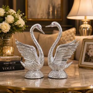 Luxury Pair of Aluminium Swan Figurines for Home Decor – Elegant Silver Finish Decorative Swan Sculpture Set for Living Room, Center Table, Console Table & Office Decoration