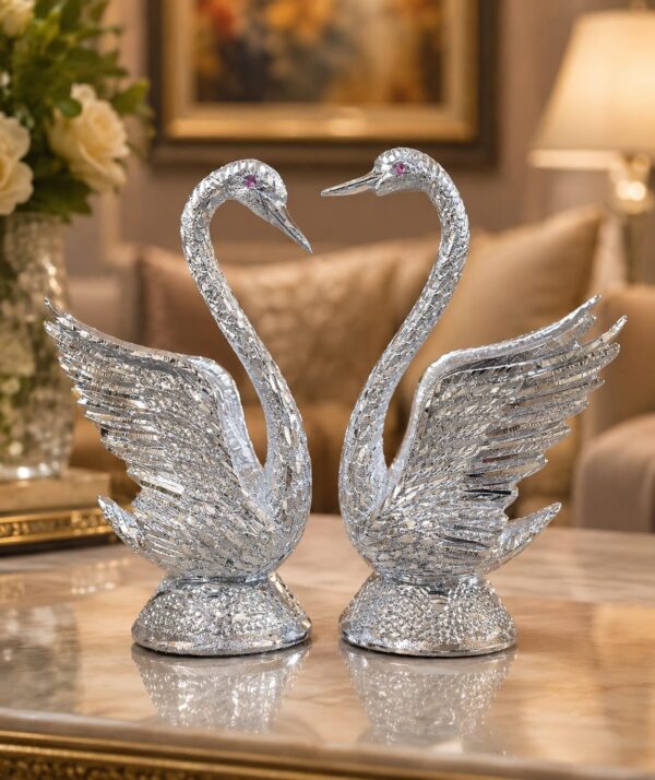Luxury Pair of Aluminium Swan Figurines for Home Decor – Elegant Silver Finish Decorative Swan Sculpture Set for Living Room, Center Table, Console Table & Office Decoration