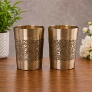 Premium Handcrafted Engraved Brass Drinking Glass Set of 2 – Traditional Floral Design Brass Tumblers | 3 Inch Height x 2.75 Inch Diameter | Elegant Gift for Home, Wedding & Festive Occasions