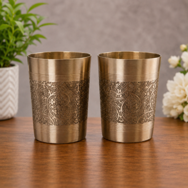 Premium Handcrafted Engraved Brass Drinking Glass Set of 2 – Traditional Floral Design Brass Tumblers | 3 Inch Height x 2.75 Inch Diameter | Elegant Gift for Home, Wedding & Festive Occasions