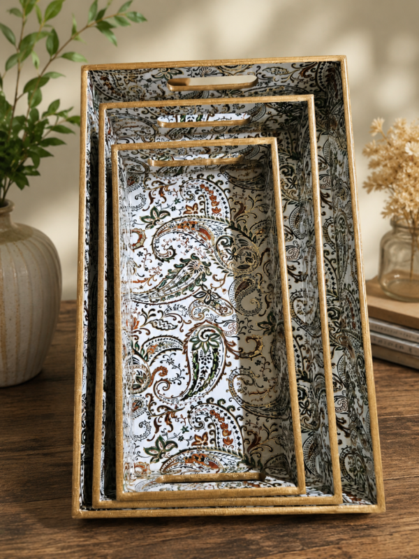 new (11) Premium Set of 3 Decorative MDF Serving Trays with Paisley Print & Gold Finish Handles – Nesting Display, Serving & Home Décor Trays
