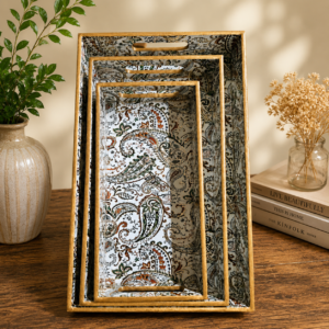 Premium Set of 3 Decorative MDF Serving Trays with Paisley Print & Gold Finish Handles – Nesting Display, Serving & Home Décor Trays