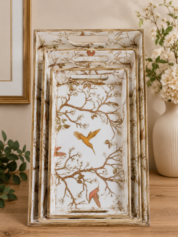 new (13) Premium Set of 3 Decorative MDF Serving Trays with Paisley Print & Gold Finish Handles – Nesting Display, Serving & Home Décor Trays